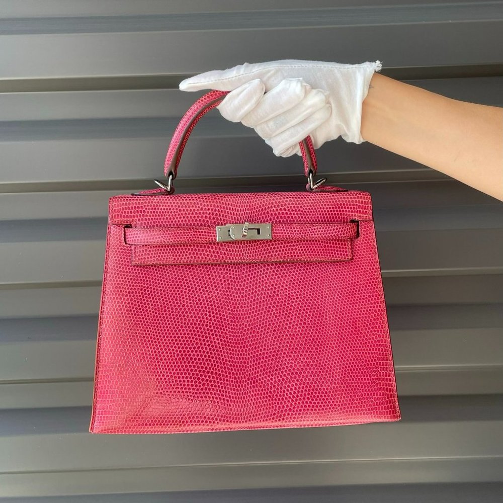 HERMES Vintage Kelly 25 Sellier Lizard "Fuchsia" Pink w/ Ruthenium Hardware